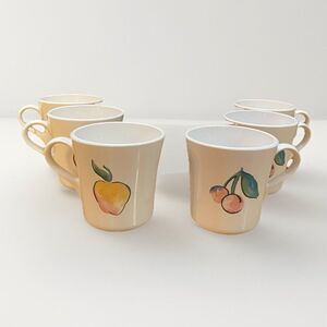 Corelle Fruit Basket Mugs Set 6 Apples Cherries White Coffee Cups Vintage Tea